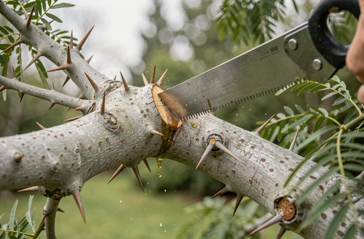 Gros plan sur la coupe d'une branche d'acacia épineuse avec une scie d'élagage, montrant l'écorce et la sève de l'arbre