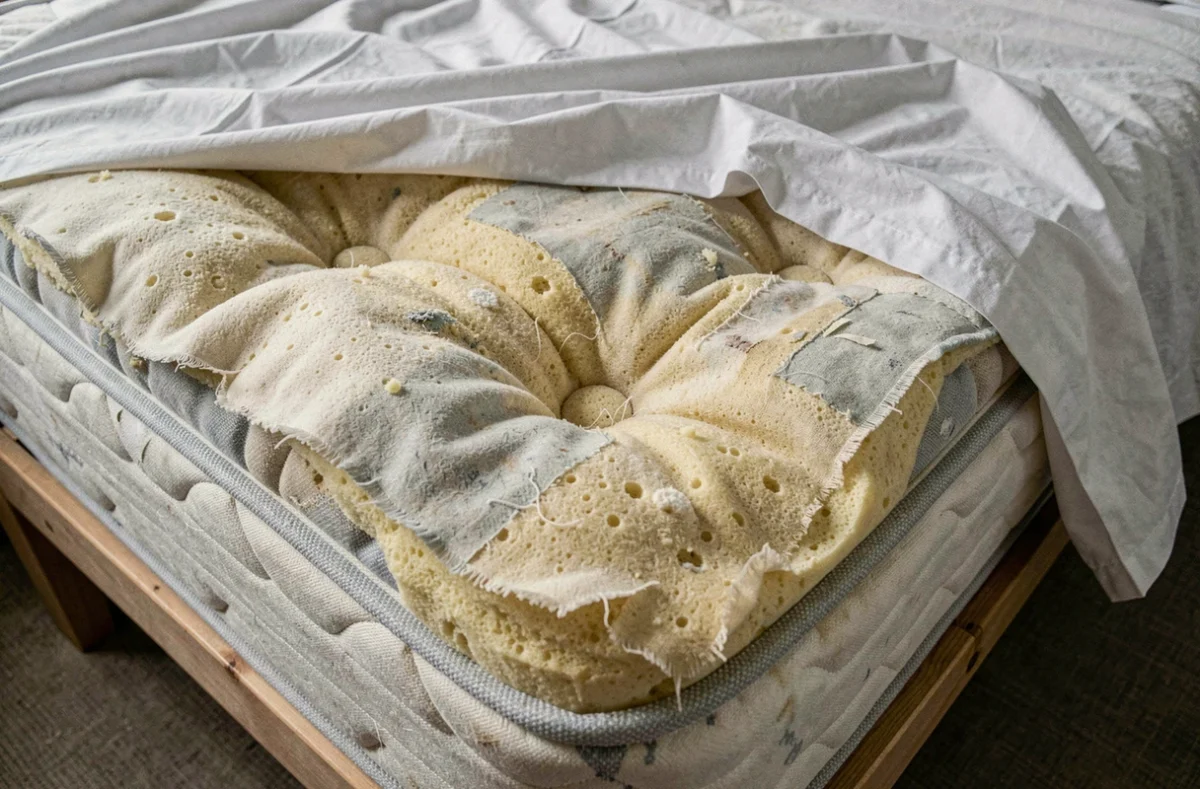 Gros plan sur la surface usée et affaissée d'un vieux matelas de mauvaise qualité