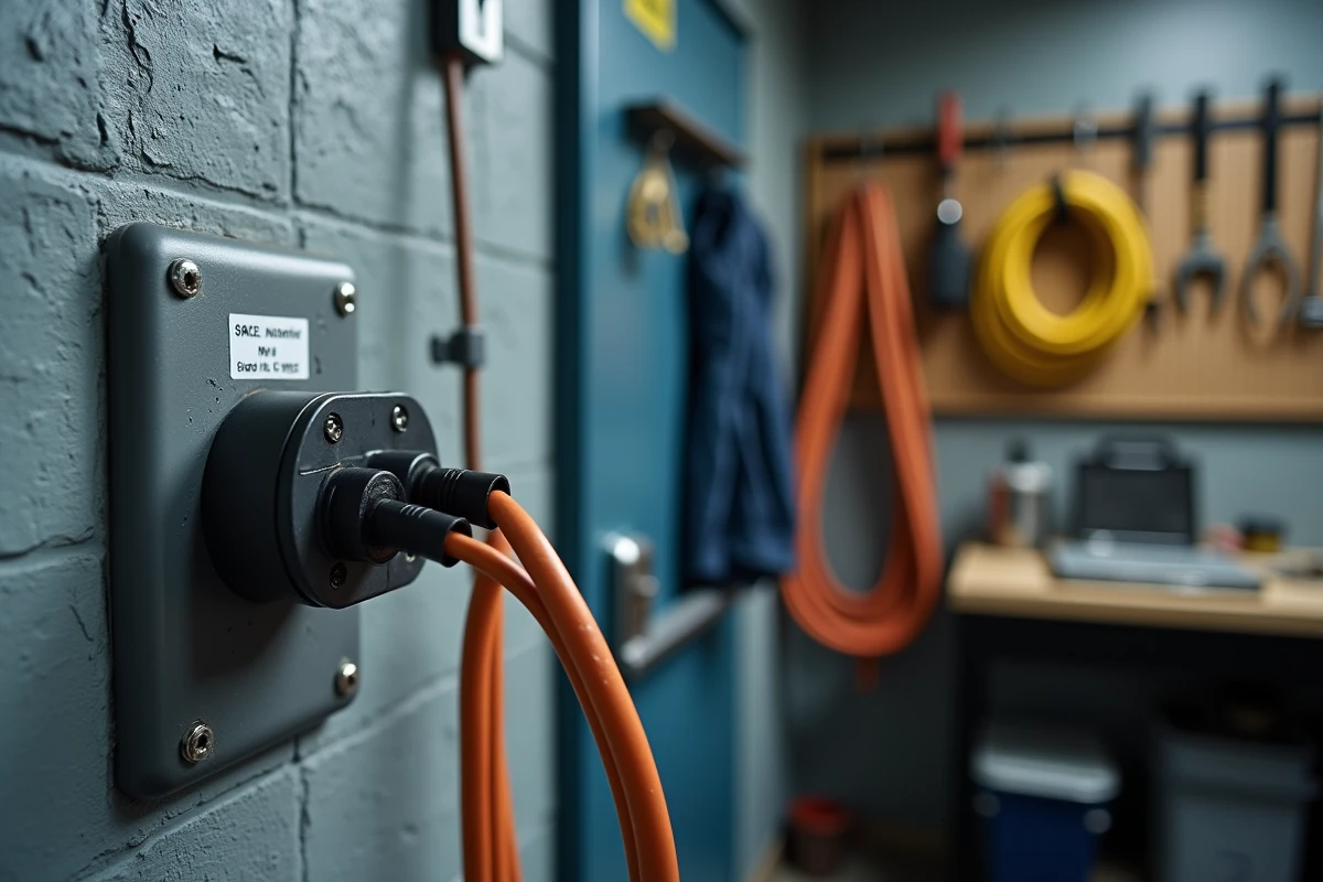 Gros plan sur une prise triphasée industrielle avec câbles électriques dans un atelier, illustrant l'optimisation de l'abonnement EDF