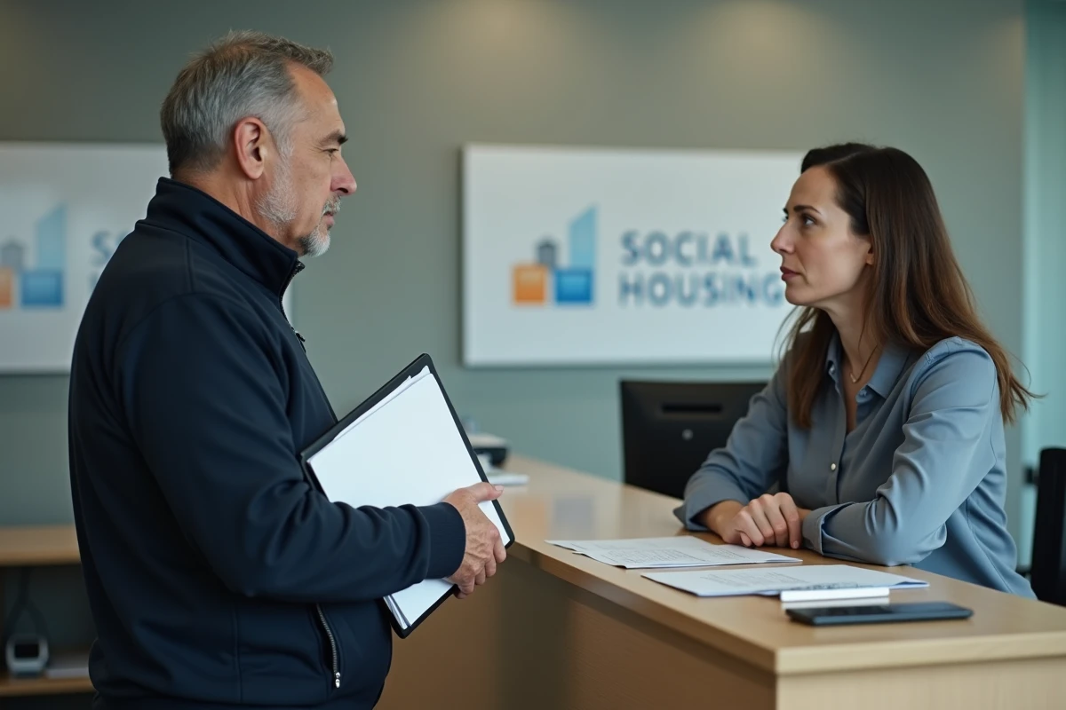 Homme présentant ses justificatifs de foyer à un guichet d'organisme de logement social face à une conseillère administrative