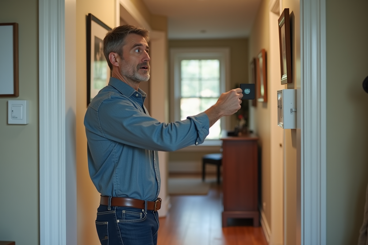 Homme surpris vérifiant le panneau de sécurité à la maison
