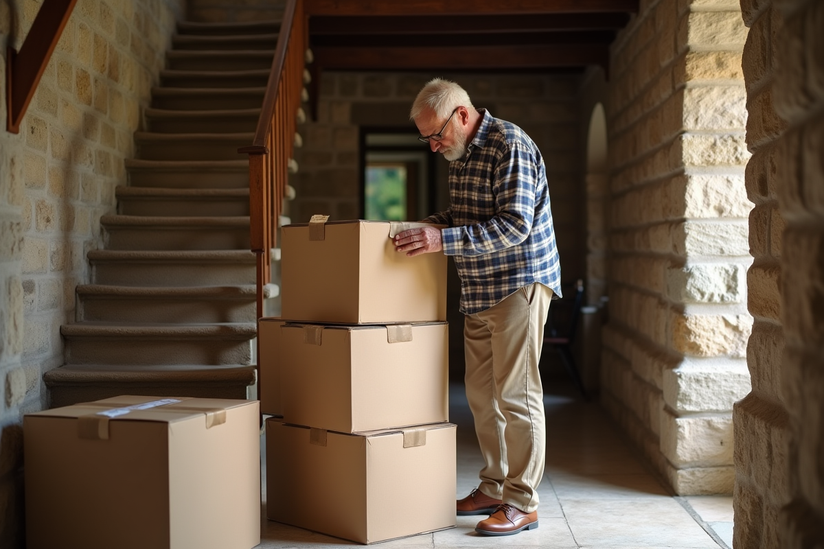 Homme âgé étiquetant des cartons dans une maison ancienne