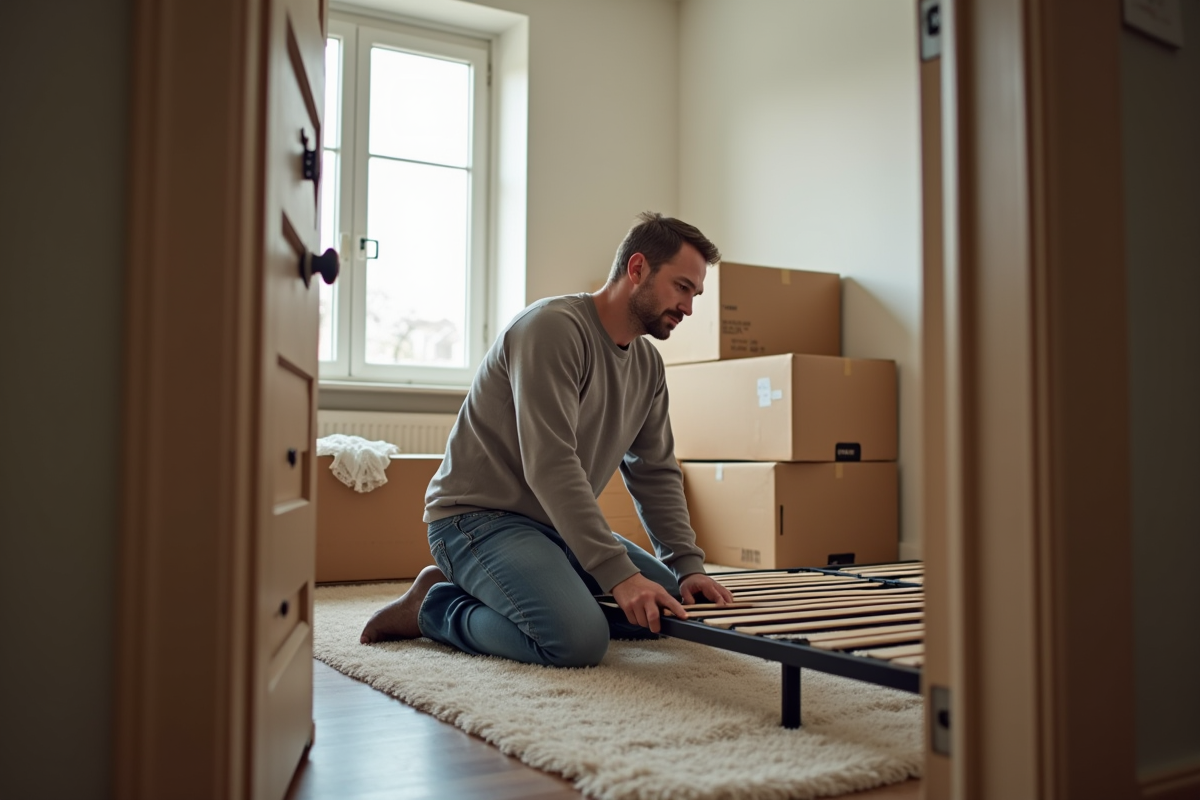 Homme assemblant un cadre de lit dans une chambre