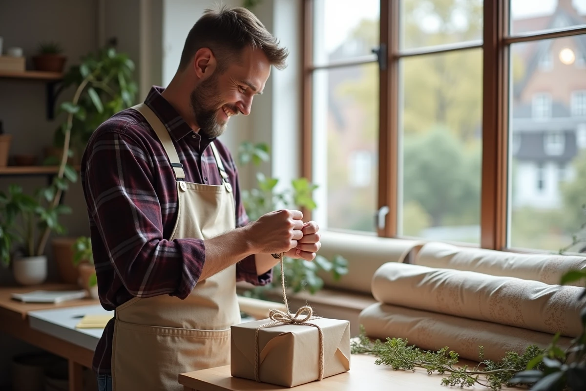 Homme attachant un noeud à un paquet cadeau en papier fait main près d