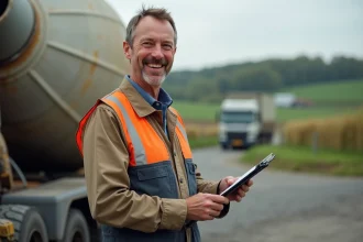 Ouvrier en tenue de chantier avec camion-bomag rural