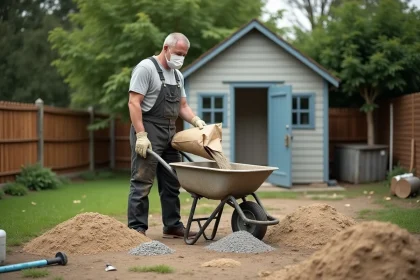 Homme en tenue de chantier versant du ciment en extérieur