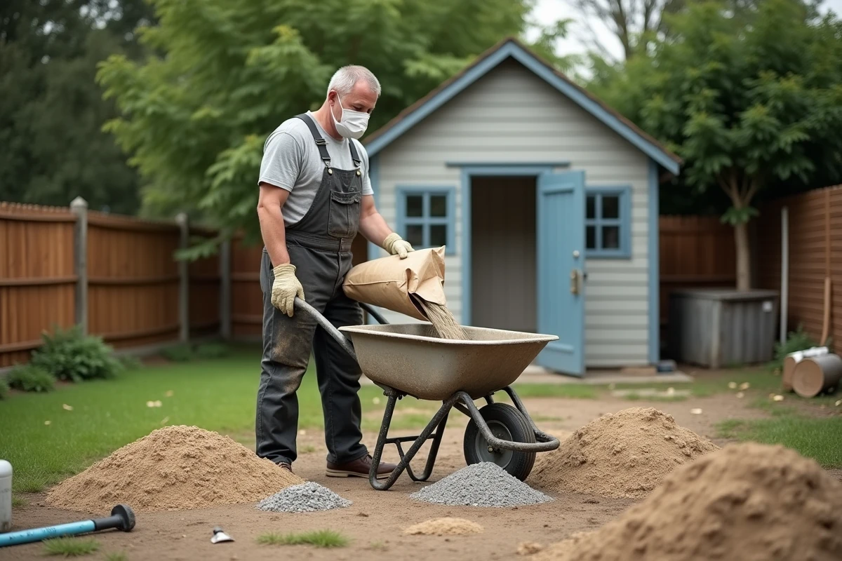 Homme en tenue de chantier versant du ciment en extérieur