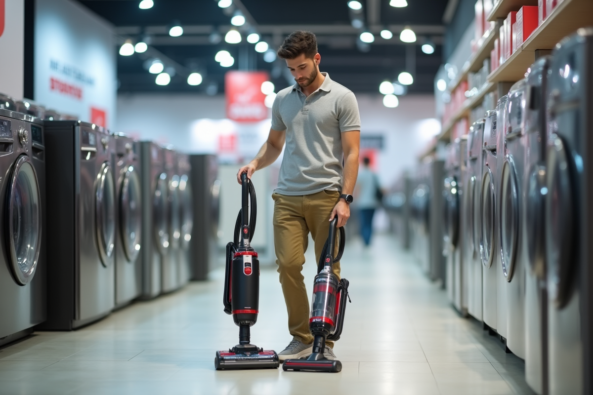 Jeune homme comparant deux aspirateurs sans sac en magasin