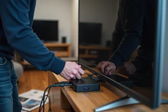 Homme en jeans vérifiant le panneau arrière d'une TV moderne