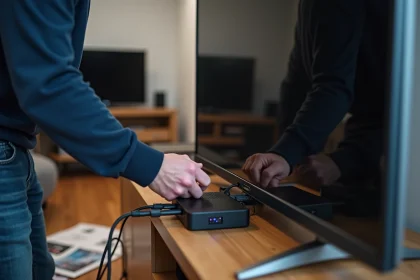Homme en jeans vérifiant le panneau arrière d'une TV moderne