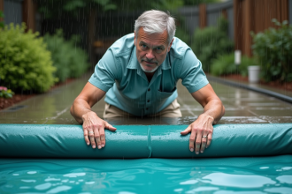 Homme d'âge moyen couvre une piscine sous la pluie