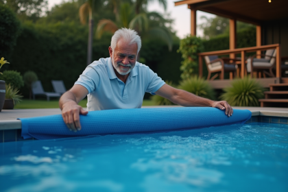 Homme d'âge moyen déployant une couverture à bulles sur la piscine