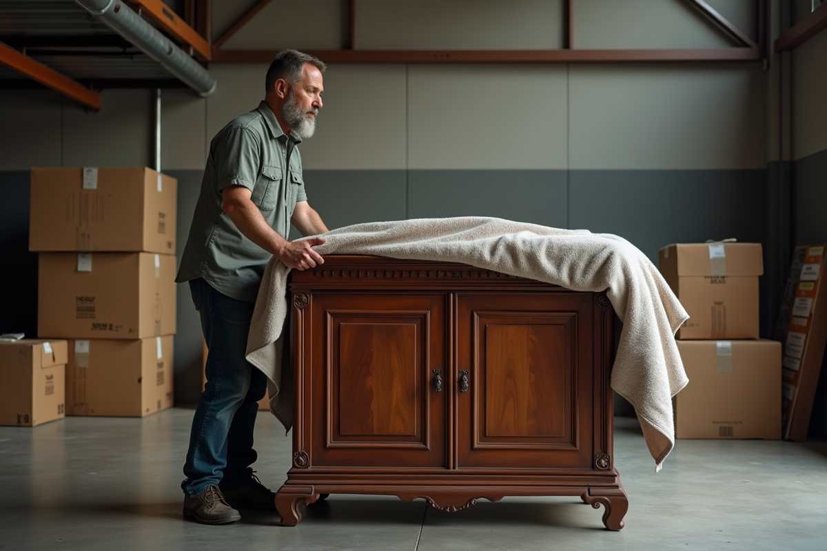 Homme pliant une couverture de déménagement sur un meuble ancien dans un garage