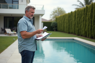 Homme d'âge moyen examinant des documents près de la piscine
