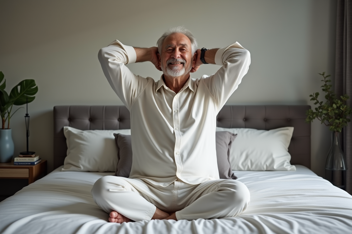 Homme âgé en pyjama étire son cou sur un matelas