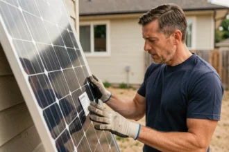 Homme examinant un panneau solaire monocristallin dans un jardin résidentiel, comparaison de prix discount