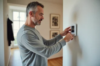 Homme examinant un panneau de commande d'alarme Homiris dans une entrée d'appartement moderne
