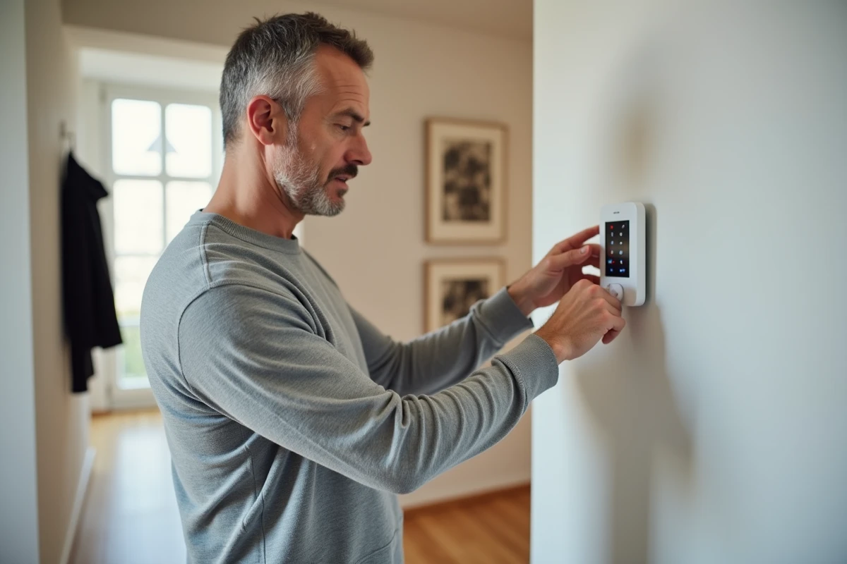 Homme examinant un panneau de commande d'alarme Homiris dans une entrée d'appartement moderne