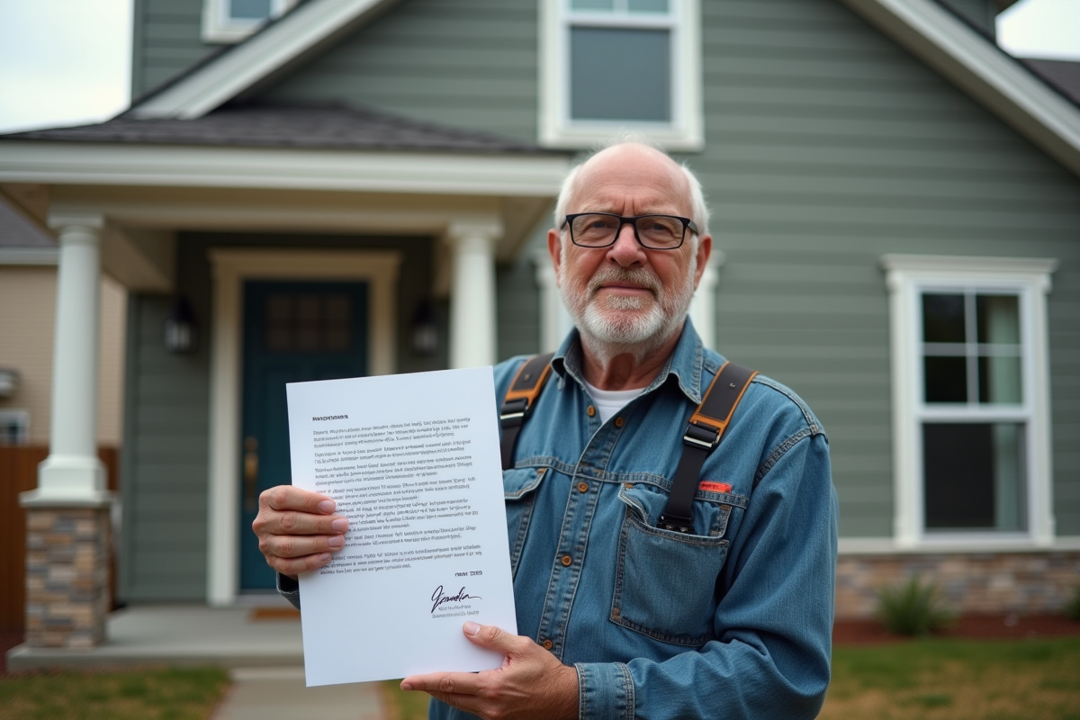 Homme fiere devant sa maison rénovée avec lettre d