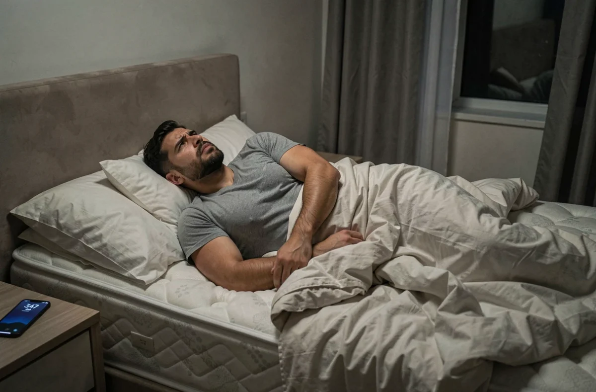 Homme insomniaque allongé éveillé la nuit sur un matelas inconfortable regardant le plafond