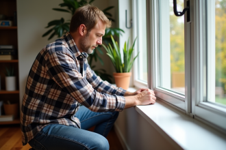Homme appliquant un joint d'étanchéité sur une fenêtre intérieure