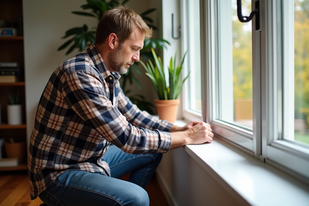 Homme appliquant un joint d'étanchéité sur une fenêtre intérieure