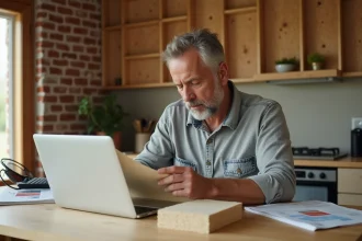 Homme d'âge moyen examinant un échantillon d'isolation fibre de bois