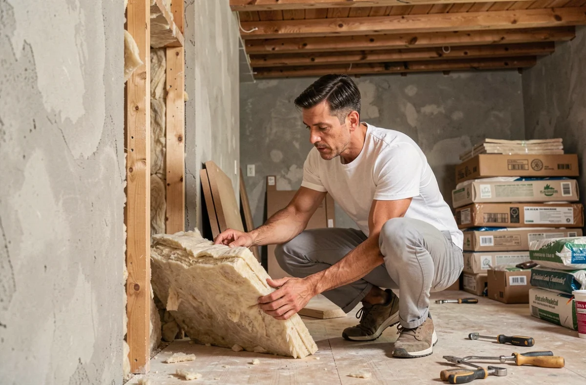 Homme inspectant une isolation en laine naturelle lors d'une rénovation écologique d'une maison