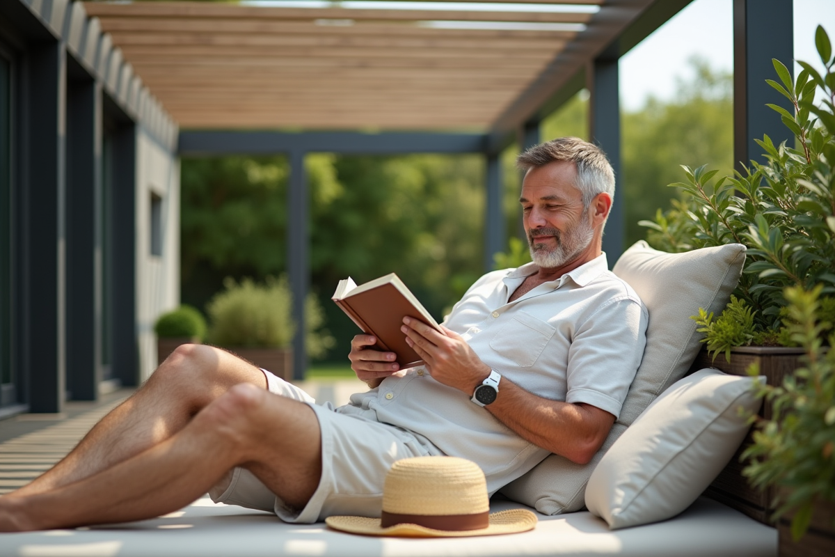 Homme lisant sous une pergola dans un jardin privé