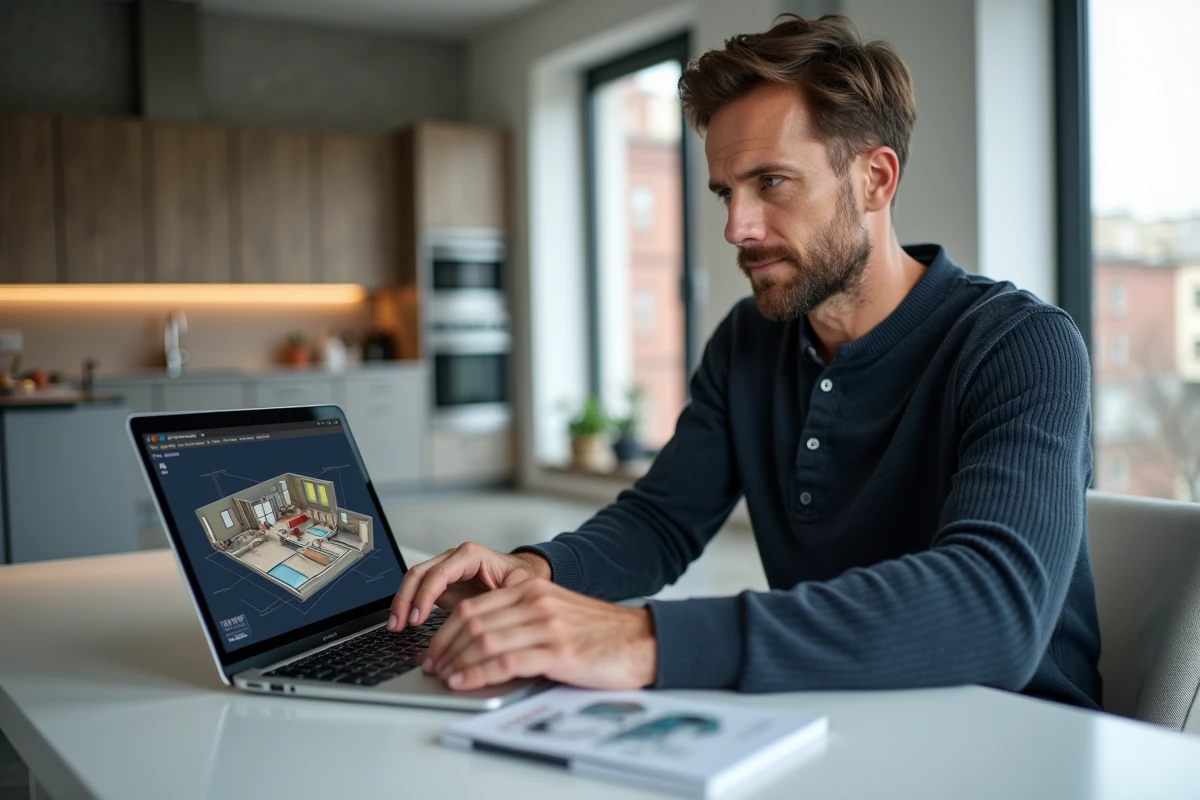 Homme utilisant un logiciel d'aménagement maison en 3D sur ordinateur portable dans un espace de vie moderne