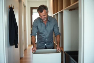 Homme arrangeant des boîtes de rangement dans un couloir moderne