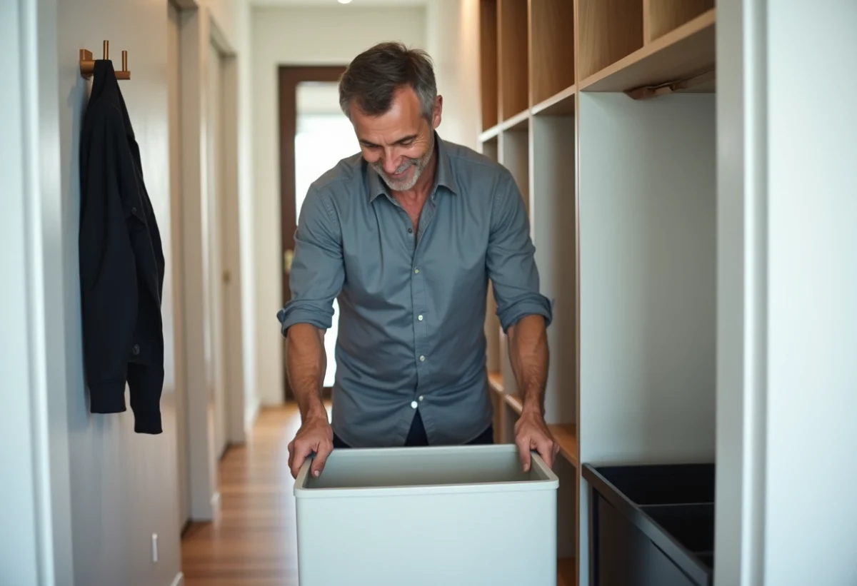 Homme arrangeant des boîtes de rangement dans un couloir moderne