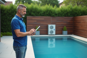 Homme d'âge moyen près de la piscine avec tablette