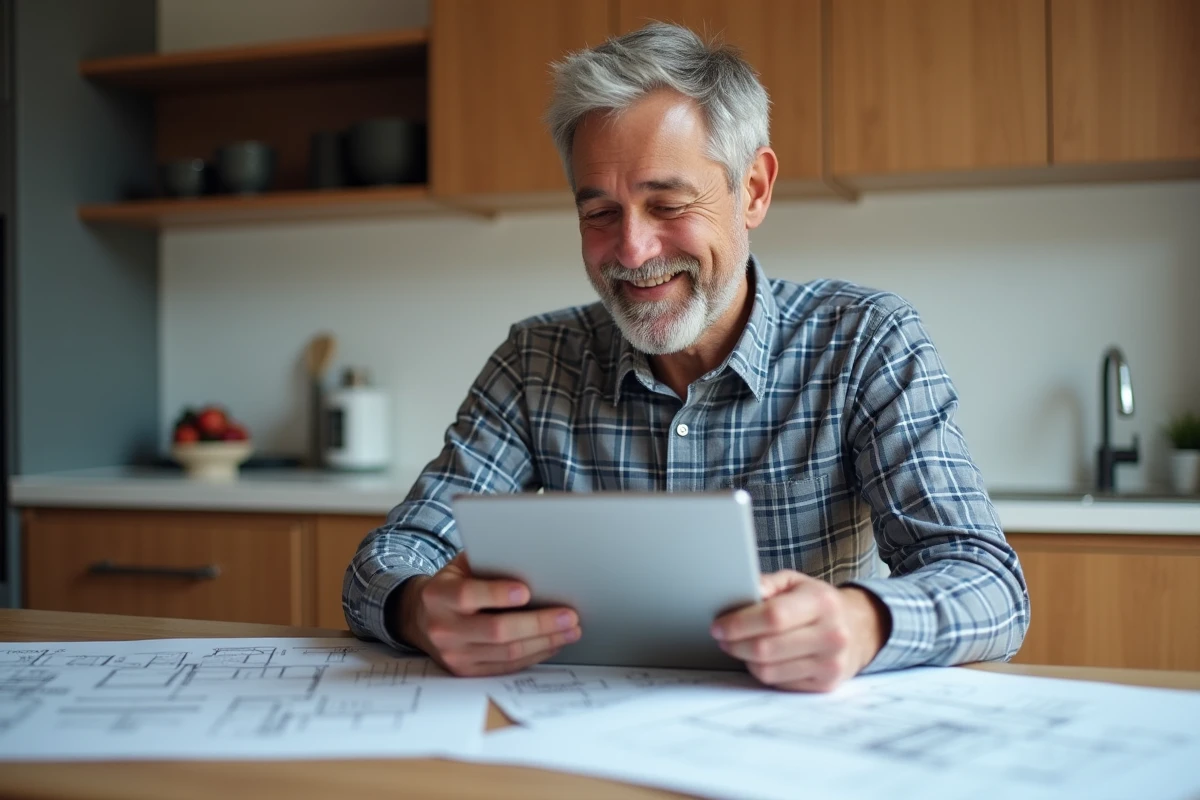 Homme souriant vérifiant devis de rénovation cuisine
