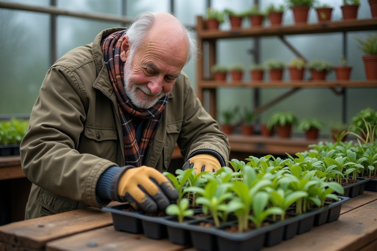 Homme âgé examinant des jeunes plants dans une serre