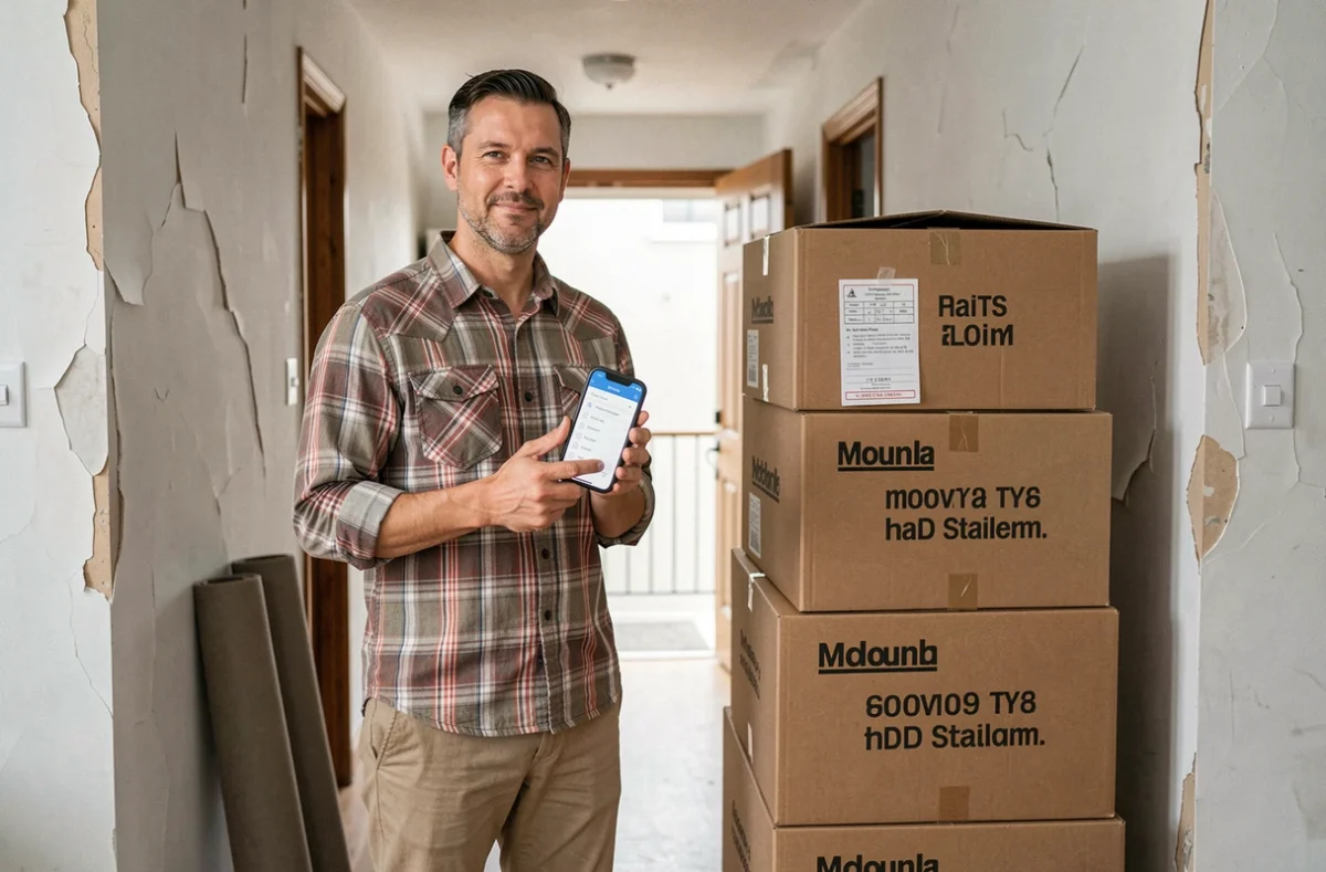 Homme debout dans un couloir vide tenant un smartphone avec une checklist de déménagement numérique entouré de cartons étiquetés