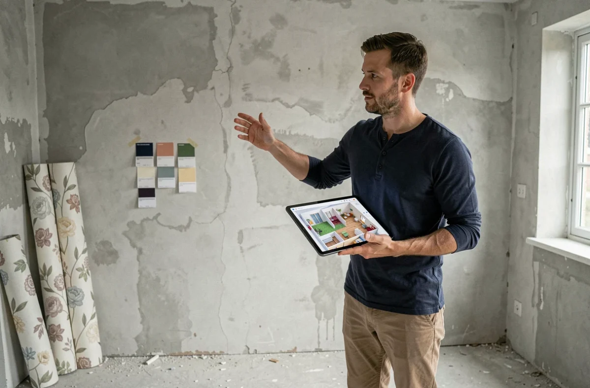 Homme consultant un plan 3D sur tablette dans une pièce en cours de rénovation pour visualiser l'aménagement futur
