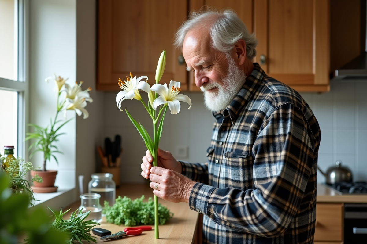 Homme âgé taillant une lys dans la cuisine avec des outils