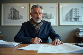 Homme d'âge moyen en bureau municipal avec permis et plans