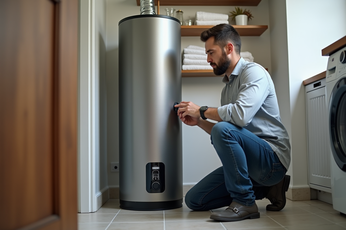 Homme vérifiant le panneau de contrôle d'un chauffe-eau électrique