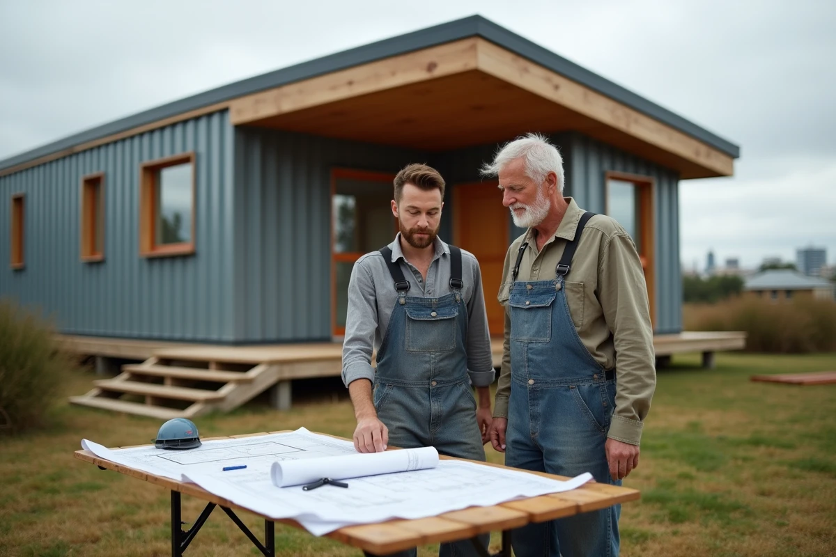 Deux hommes discutant plans de maison écologique en extérieur