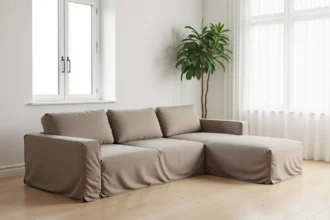 Housse de canapé d'angle beige taupe bien ajustée sur un grand canapé en L dans un salon scandinave