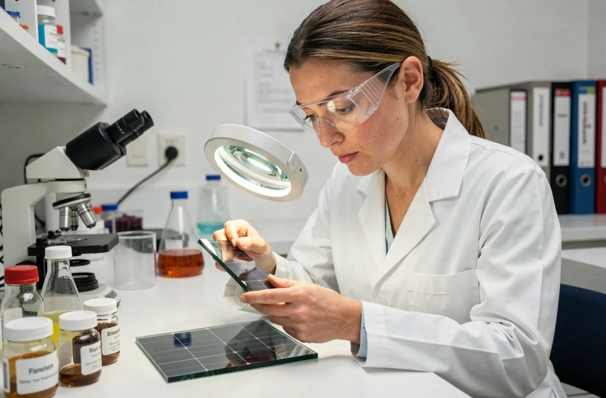 Ingénieure analysant un fragment de verre photovoltaïque dans un laboratoire de recyclage de panneaux solaires