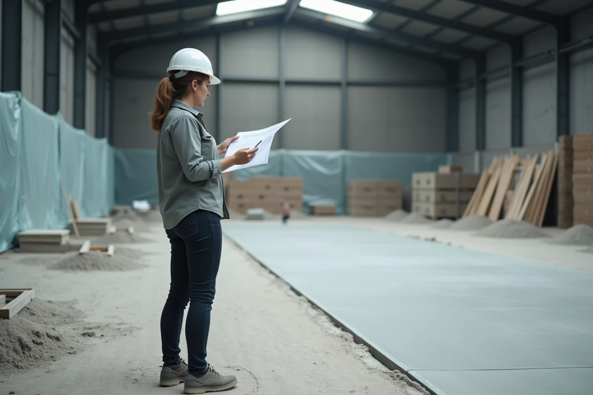 Ingénieure de chantier consultant des plans techniques debout sur une chape épaisse en béton dans un bâtiment industriel en construction