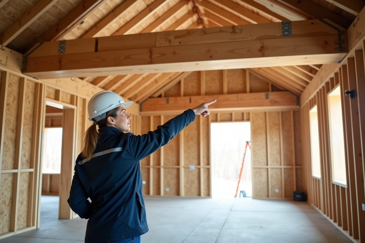 Ingénieure en bâtiment inspectant une poutre lamellé-collé dans une ossature bois en construction