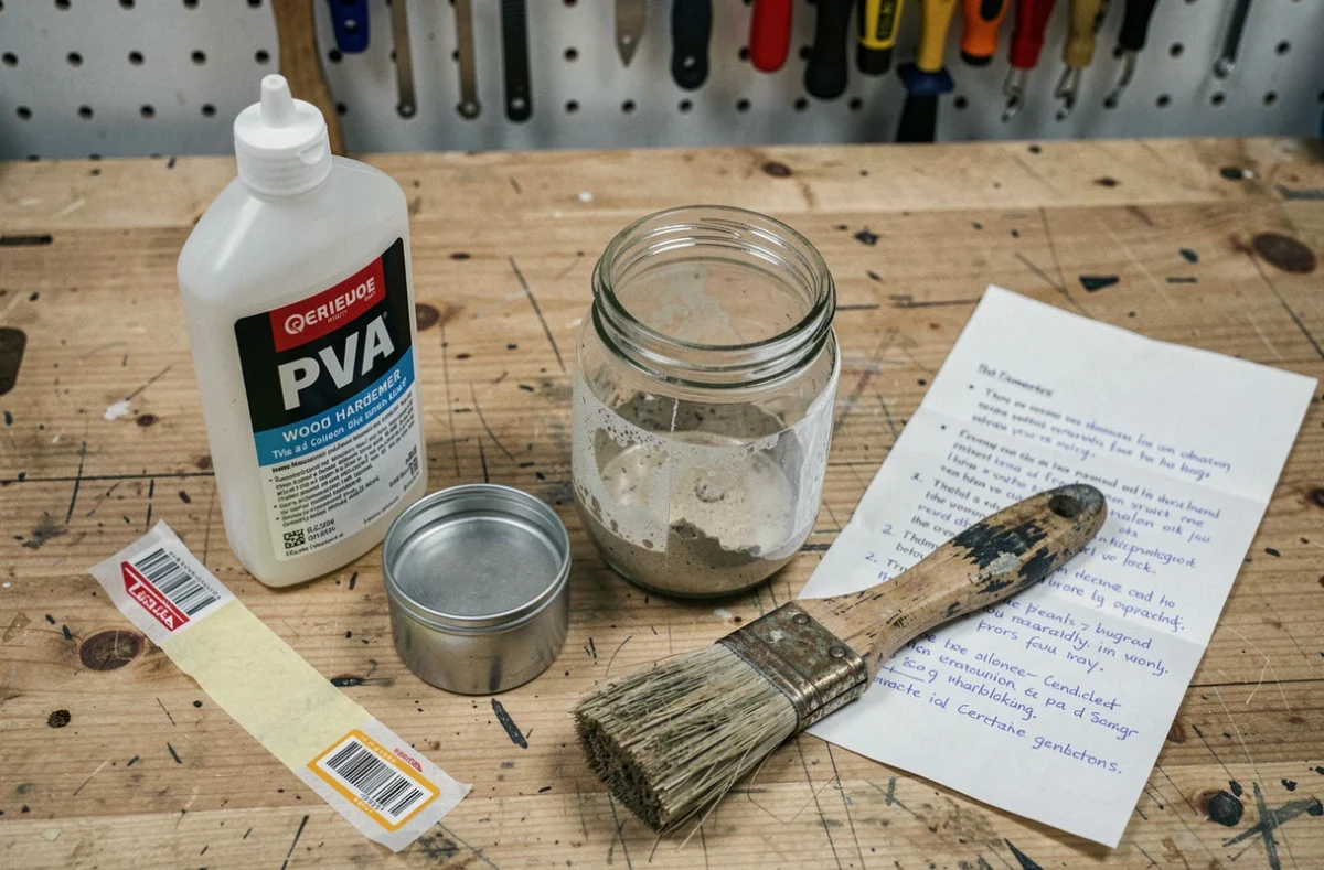 Ingrédients et outils pour fabriquer un durcisseur bois maison disposés sur un établi de menuisier
