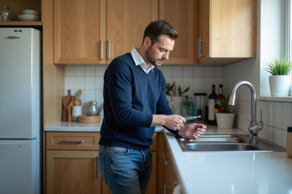 Homme inspectant sous l'évier de cuisine moderne