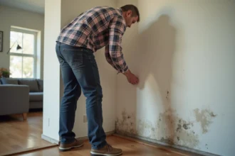 Homme examinant une tache d'humidite sur un mur