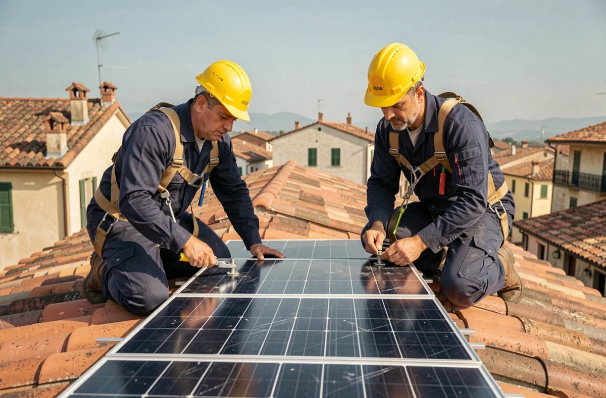 Deux techniciens installant des panneaux solaires 450W sur un toit en tuiles, portant harnais et casques de sécurité