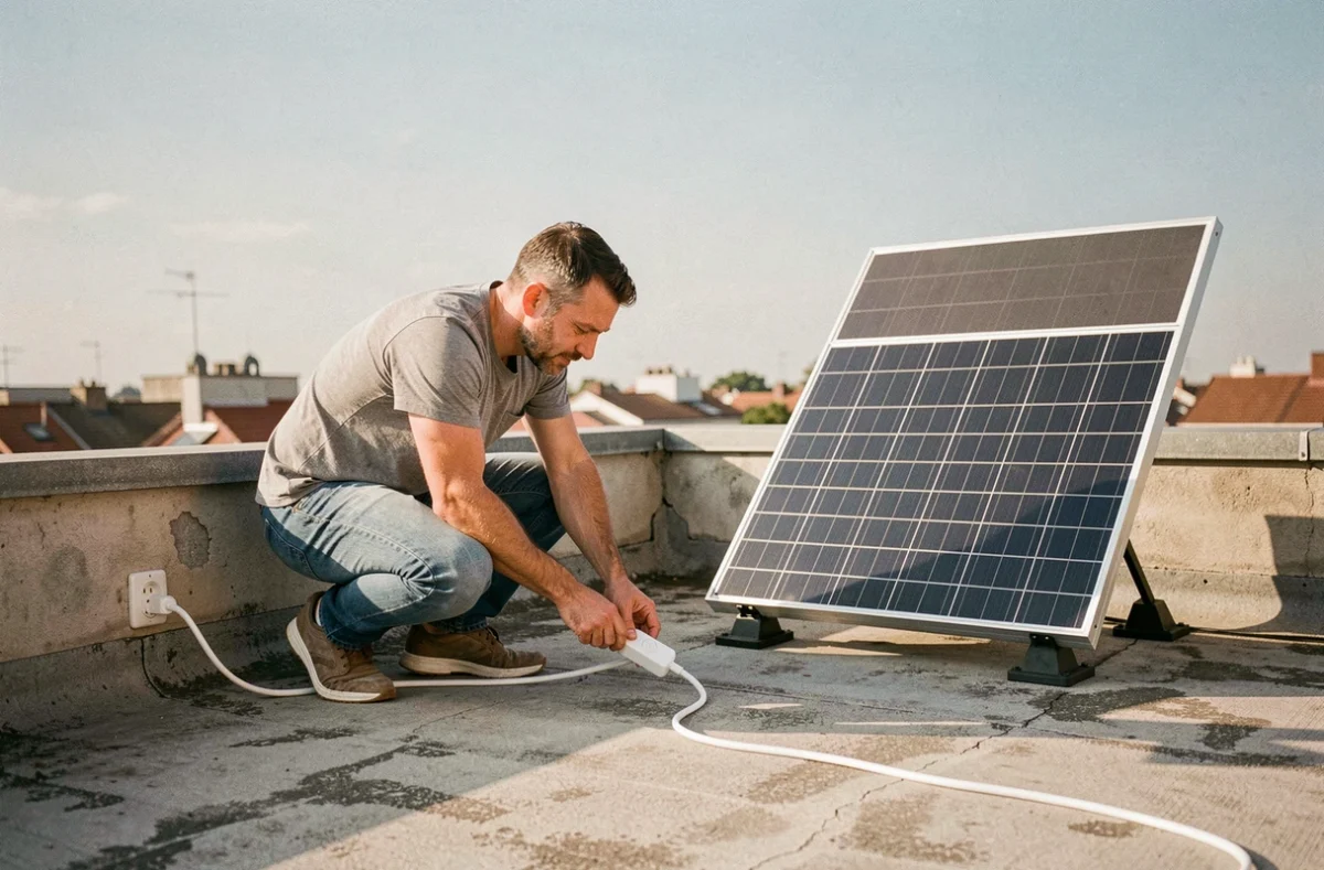 Homme installant un panneau solaire plug and play sur une terrasse de toit en connexion directe sur prise électrique